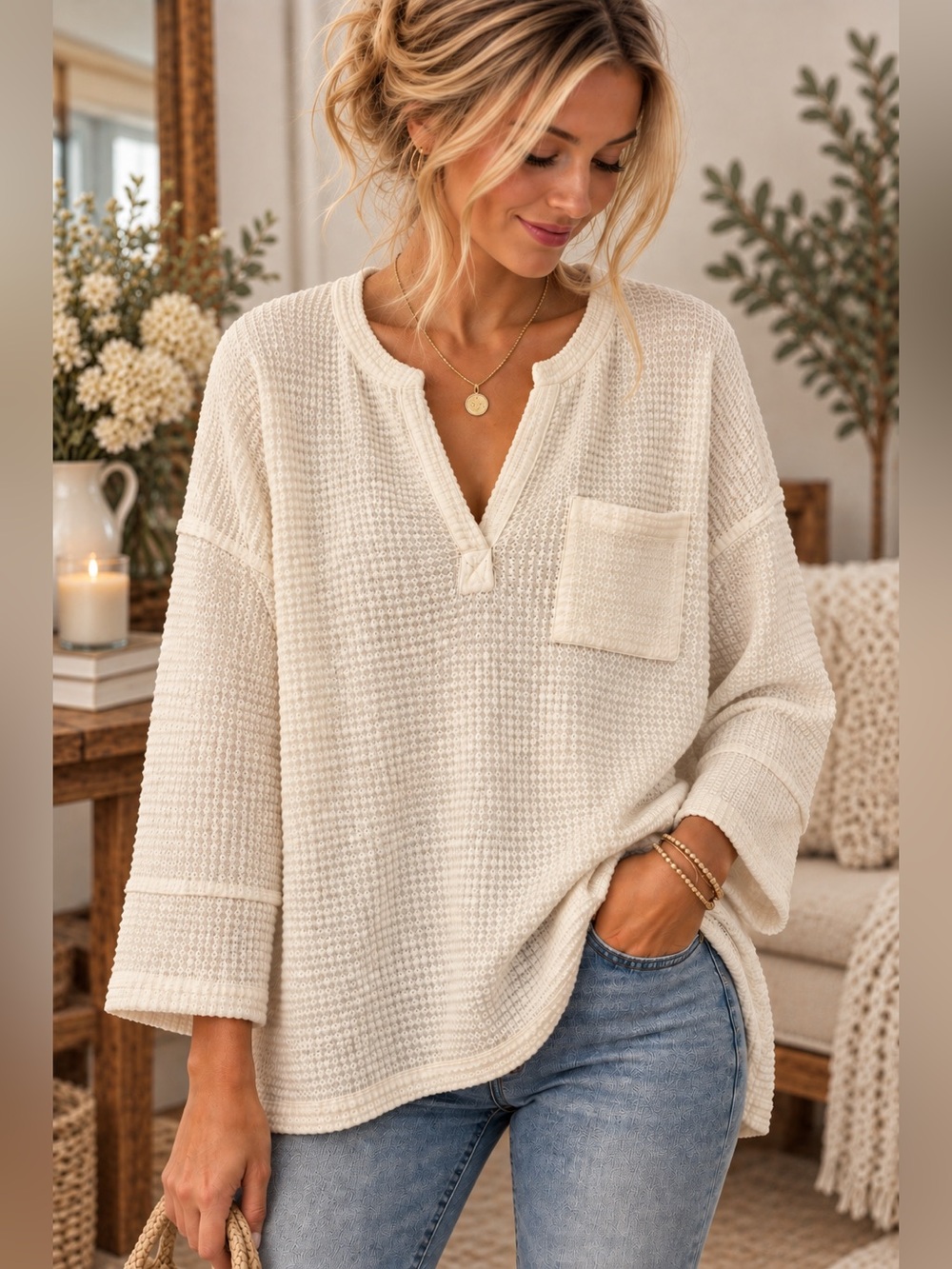Emmer & Oat Women's Size L White Ivory Open Knit Waffle Top Split Neck Pocket